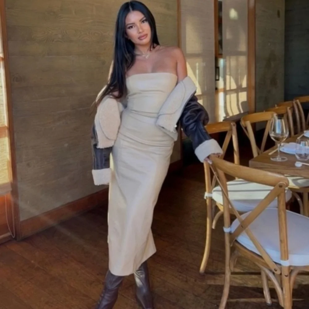 slim fit dress slacks STRAPLESS TRENCH MAXI DRESS IN PU – AKIRA main image 1